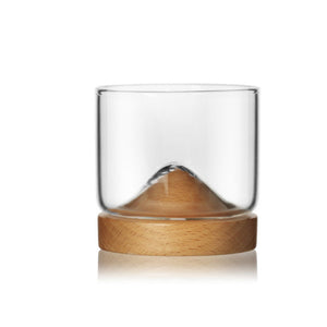 Transparent Mountain Whiskey Glass with Wooden Base