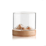 Transparent Mountain Whiskey Glass with Wooden Base